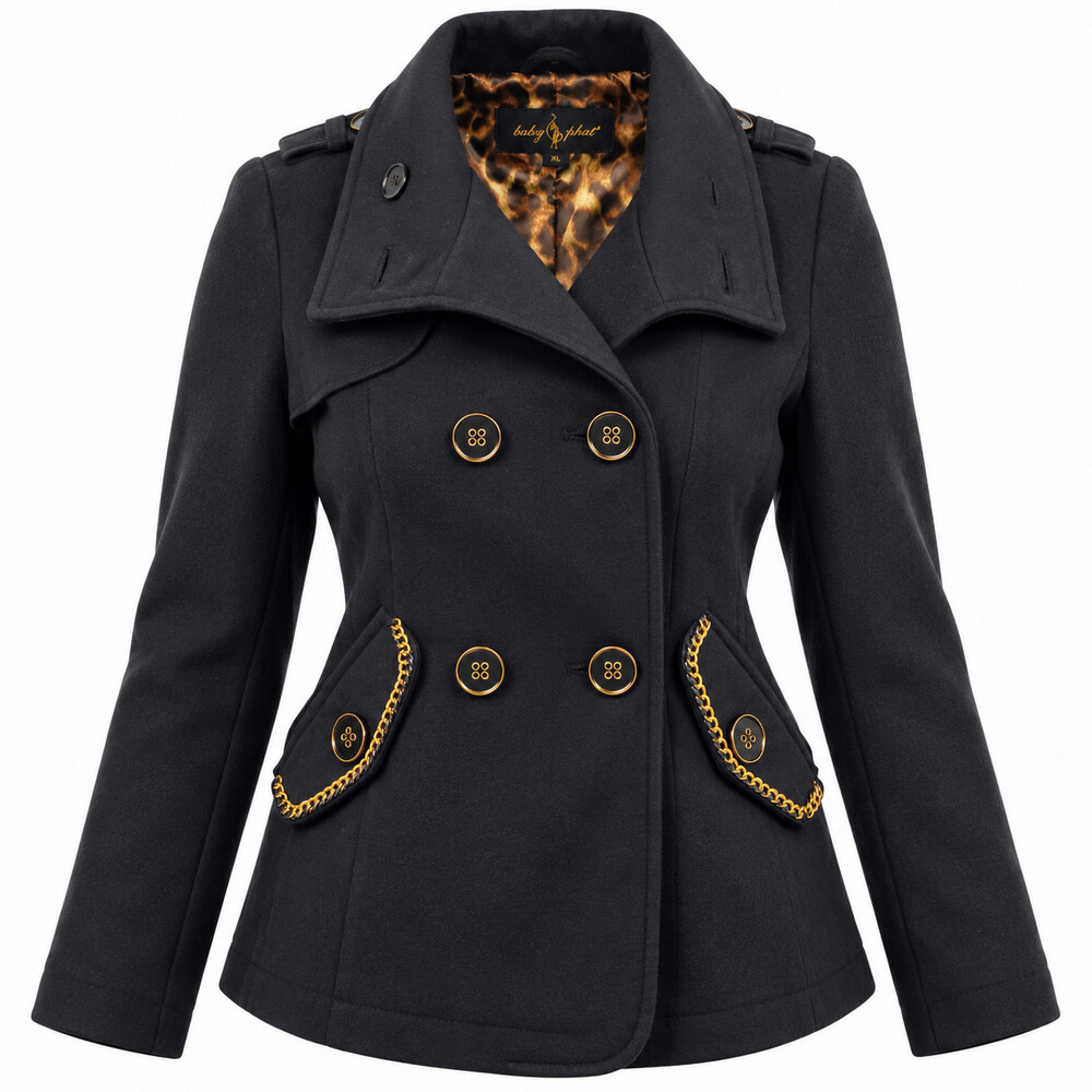 Baby Phat Women’s XL Black Wool Blend Peacoat Leopard Lined Gold Chain Y2K
